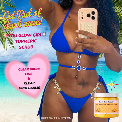 You Glow Girl Organic Turmeric Exfoliating Body Scrub made with raw honey brighten bikini line and dark underarms. 10 0Z