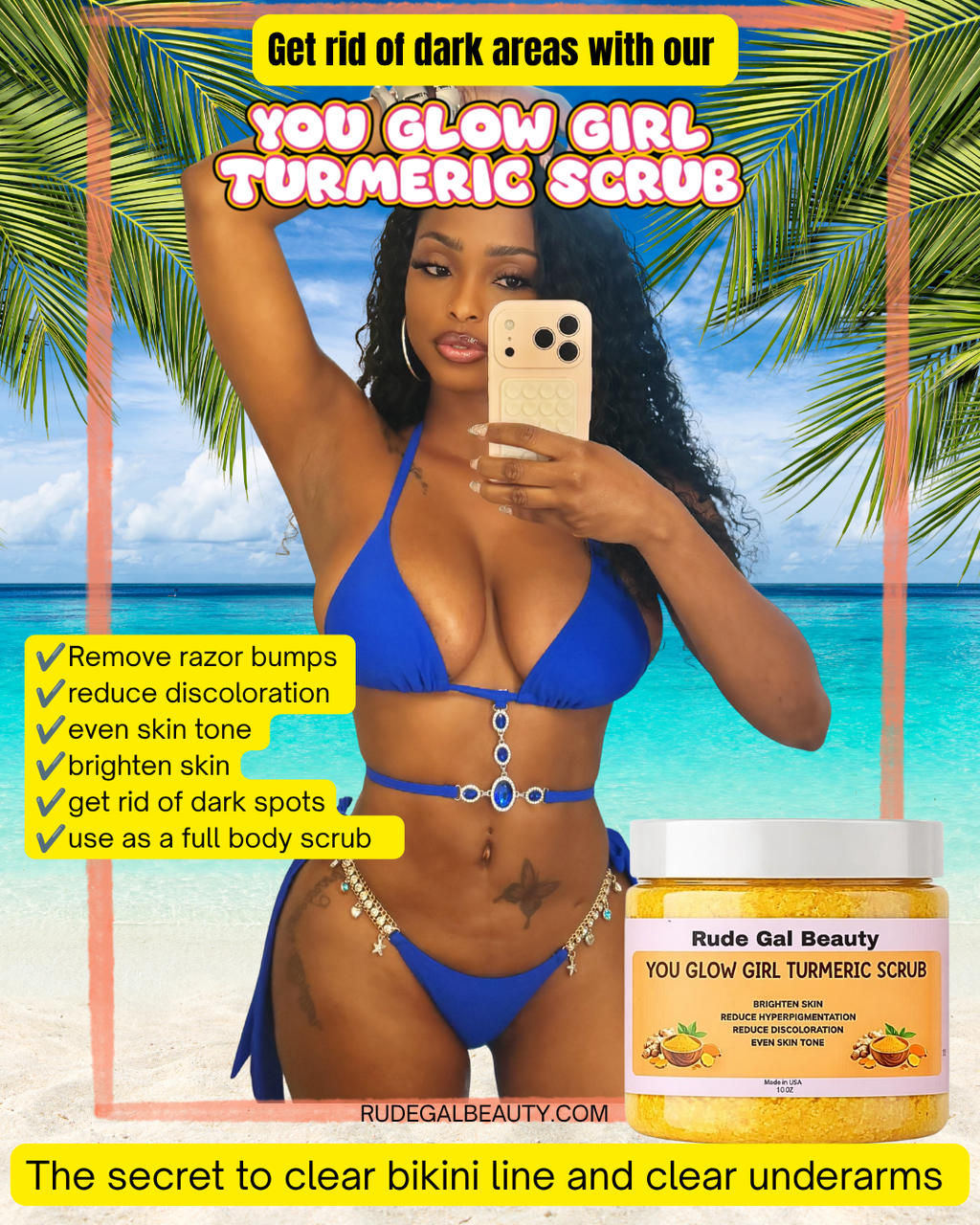 You Glow Girl Organic Turmeric Exfoliating Body Scrub made with raw honey brighten bikini line & dark underarms & remove razor bumps 10 0Z.