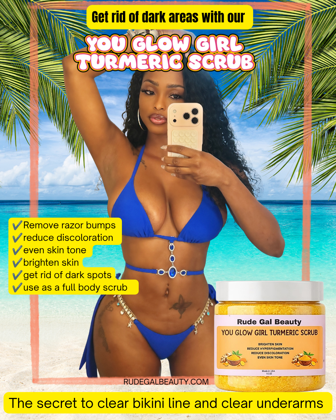You Glow Girl Organic Turmeric Exfoliating Body Scrub made with raw honey brighten bikini line & dark underarms & remove razor bumps 10 0Z.