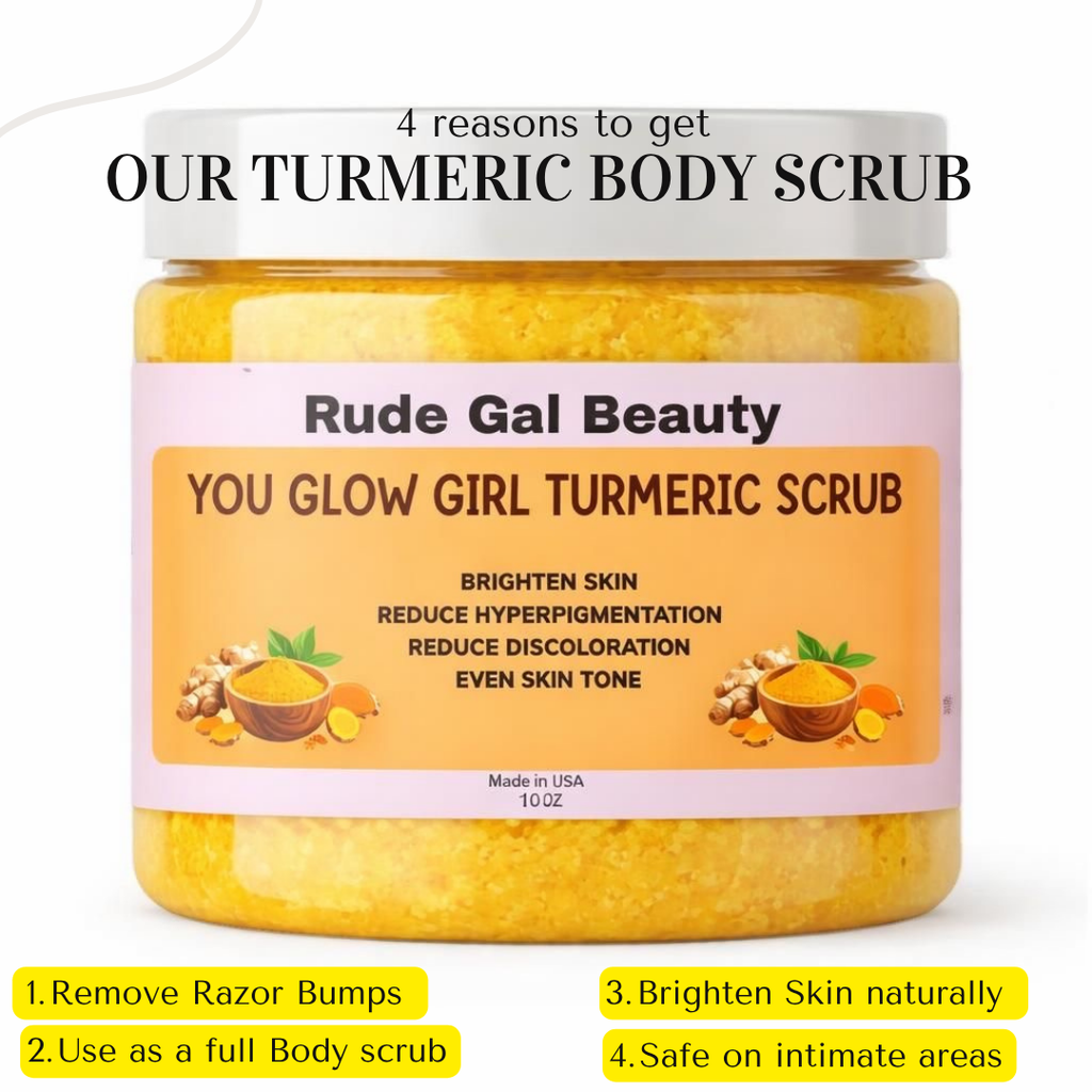 You Glow Girl Organic Turmeric Exfoliating Body Scrub made with raw honey brighten bikini line & dark underarms & remove razor bumps 10 0Z.